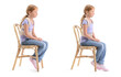 © Pixel-Shot - Little girl in back brace with bad and proper posture sitting on chair against white background
