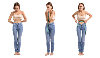 Wall Mural - Set of young skinny woman with measuring tape on white background. Anorexia concept