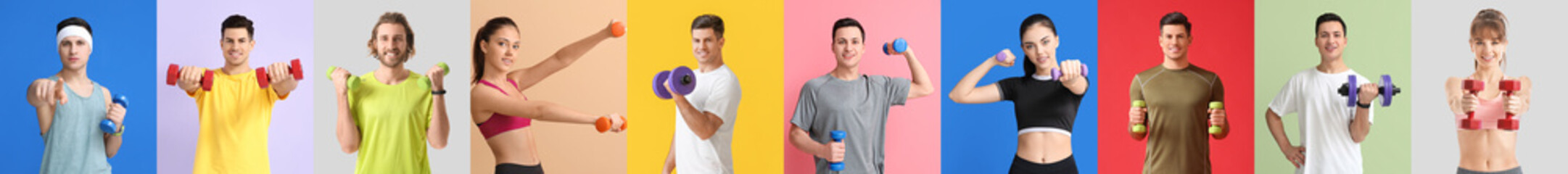 Wall Mural - Set of sporty people with dumbbells on colorful background