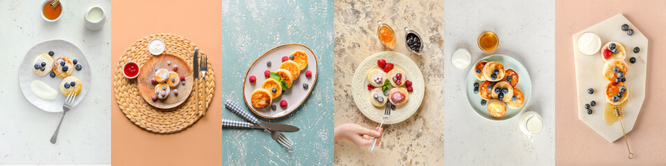 Canvas Print - Sweet cottage cheese pancakes with berries, top view