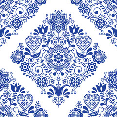 Poster - Scandinavian seamless folk art vector pattern with birds and flowers, cute Nordic navy blue repetitive floral design - textile or fabric print decor
