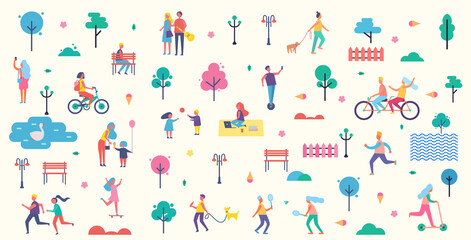 People in park icons collection, trees and benches lantern illuminating light, couples having fun walking together, playing tennis vector illustration