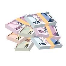 Turkish Lira Vector Illustration. Turkey Money Set Bundle Banknotes. Paper Money 200, 100, 50, 20 TRY. Flat Style. Isolated On White Background. Simple Minimal Design.