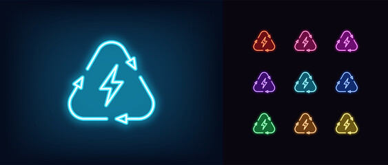 Wall Mural - Outline neon electric recharge icon. Glowing neon lightning sign with recycle triangle, charge process pictogram