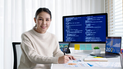 Asia people MBA college woman work at home office smile happy look at camera online study on laptop big data for future job career reskill upskill in workforce AI IT cyber class remote virtual learn.