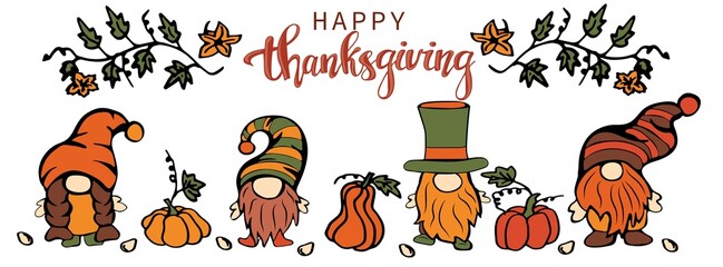 Thanksgiving gnomes with pumpkins. Cartoon hand drawn Leprechauns for cards, decor, shirt design, invitations. Vector illustration
