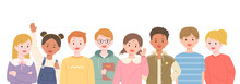 A Lot Of Children Are Gathered Together, Looking Straight Ahead And Smiling. Flat Design Style Vector Illustration.	