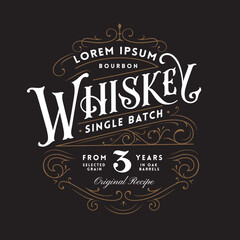 Vintage Whiskey Label Logo with Fancy Lettering and Ornate Flourished Frame.