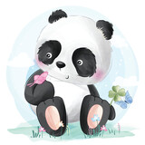Fototapeta Dziecięca - Cute panda with floral illustration