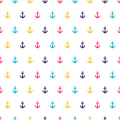 White seamless pattern with colorful tiny anchors.