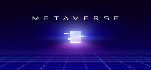 Metaverse abstract background with colorful glowing square on the horizon, perspective laser glitchy grid with bright gradient square, virtual cyber space, future technology concept.