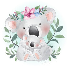 Cute Koala Bear Mother And Baby Illustration