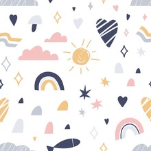 Scandinavian Pattern With Cute Elements. Seamless Scandi Background With Sun, Rainbow, Clouds, Hearts, Stars Repeating Print. Endless Texture For Decoration, Fabric. Childish Flat Vector Illustration