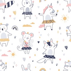 Fototapete - Cute Scandinavian animals pattern. Seamless background with fairy baby characters. Repeating print with fairytale rabbit, unicorn, koala princesses. Childish scandi colored flat vector illustration