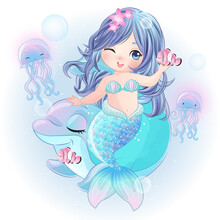 Cute Mermaid With Dolphin Illustration