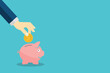 © madedee - Piggy bank. Hand putting coin a Piggy bank money, deposit banking account and savings concept of growth. Vector illustration.