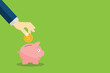 © madedee - Piggy bank. Hand putting coin a Piggy bank money, deposit banking account and savings concept of growth. Vector illustration.