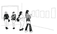 Sketch People At Art Gallery Or Museum Exhibition Looking At Paintings And Artworks Doodle Hahd Drawn Line Vector Illustration