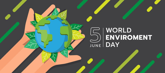 world environment day - top view hands hold globe and green leaf around on stripe green line and dark background vector design