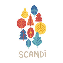 Composition With Trees In Scandinavian Style. Folk Art. Banner, Greeting Card. Vector Nordic Illustrations. Scandi Logo