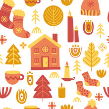 Seamless Pattern In Scandinavian Style With House, Tree, Candle, Socks, Branch, Hat, Cup. Folk Art. Vector Nordic Background With Ornaments. Home Decorations.