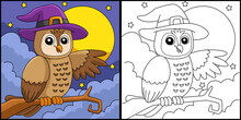 Owl Witch Hat Halloween Coloring Page Illustration