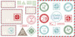 Set of vintage template air mail postcard and envelope. Texture grunge christmas stamp rubber with holiday symbols in traditional colors. Place for your greeting text