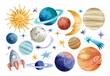 Watercolor planets, sun, moon, space ship and stars elements set 