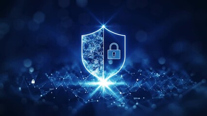 The prominent shield in the middle was cut in half. The left side shows the connected polygons. On the right is a large padlock. Small key binary code polygon blur outer dark blue background.