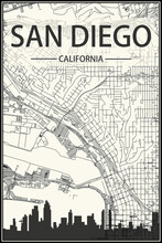 Light Printout City Poster With Panoramic Skyline And Streets Network On Vintage Beige Background Of The Downtown SAN DIEGO, CALIFORNIA