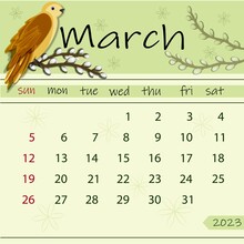 March Calendar 2023, March, Calendar, Month, Day, Date,
Calendar For 2023, Calendar For March 2023, Banner, Printed Calendar, Spring, Greenery, Bird, Branches, Willow Branches, Willow, Stationery, For