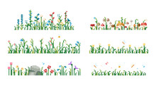 Set Of Pixel Art Backgrounds With Grass, Flowers, Bugs, And Stones. 8 Bit Retro Game Style Vector Texture Collection With Wild And Field Flowers. 