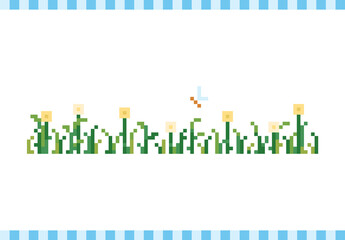 Pixel art background with grass, and yellow flowers. 8 bit retro game style vector texture. 