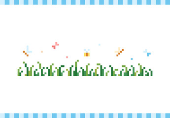 Canvas Print - Pixel art background with grass, bugs, insects and butterfly. 8 bit retro game style vector texture. 