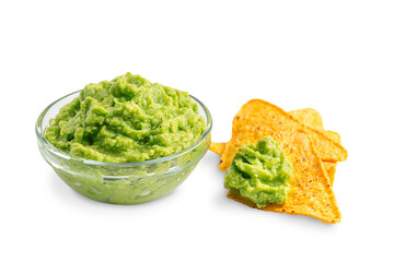 Canvas Print - Healthy vegetarian organic guacamole mexican dip, sauce or salad made of ripe green avocado served in glass bowl with nachos or tortilla chips as snack for vegan diet isolated on white background