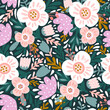 Seamless floral pattern with hand drawn bold flowers. Spring summer blossom background. Perfect for fabric design, wallpaper, apparel. Vector illustration