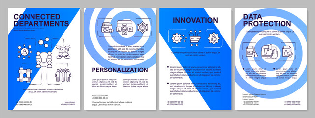 Customer centric product development blue brochure template. Leaflet design with linear icons. 4 vector layouts for presentation, annual reports. Arial-Black, Myriad Pro-Regular fonts used