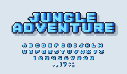 Pixel alphabet font. Retro 8-bit video game typeface design, blue oldschool typography logo letters. Vector illustration