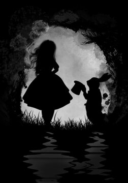 alice and white rabbit. grunge silhouette art