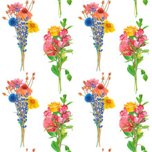 Watercolor Seamless Pattern Of Flowers On An Isolated White Background, Bouquets Of Field And Garden Flowers And Herbs For Printing On Packaging Or Fabric, Rose And Peony, Gerbera And Chamomile.