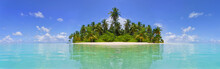 Beach With Palm Trees And Crystal Clear Water. Idyllic Tropical Island In Summer.