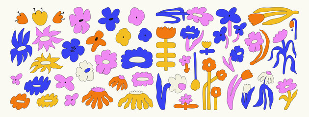 Large set of abstract bold flower buds and flowers on stems. Floral spring-summer collection. Bright vector illustration of flowers with an outline. Naive art, Infantile Style Art. Isolated elements