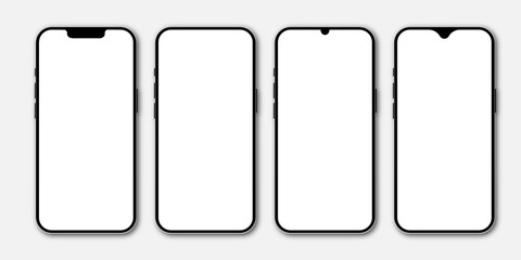 Set of realistic models smartphone with transparent screens. Smartphone mockup collection. Phone mockup in front. Mobile phone with shadow. Realistic, flat and line style. Vector EPS 10