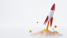 3D Render Of Launching Rocket Model Taking Off Against White Background.