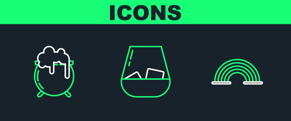 Sticker - Set line Rainbow, Witch cauldron and Glass of whiskey icon. Vector