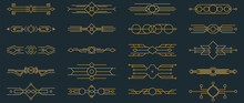 Collection Of Geometric Art Deco Ornament. Luxury Golden Decorative Elements With Lines, Ornate Corner, Borders, Frames, Headers, Dividers. Set Of Elegant Design Suitable For Card, Invitation, Poster.