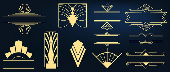 Collection of geometric art deco ornament. Luxury golden decorative elements with lines, ornate corner, borders, frames, headers, dividers. Set of elegant design suitable for card, invitation, poster.