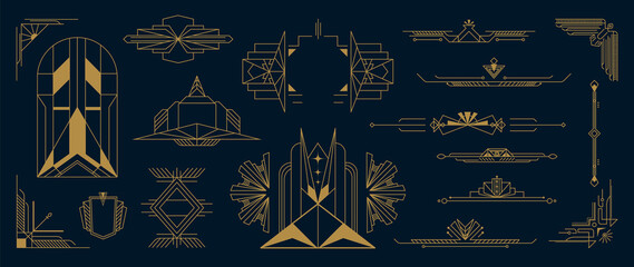 Collection of geometric art deco ornament. Luxury golden decorative elements with lines, ornate corner, borders, frames, headers, dividers. Set of elegant design suitable for card, invitation, poster.