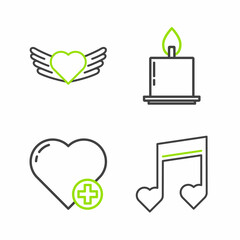 Sticker - Set line Music note, tone with hearts, Heart, Burning candle and wings icon. Vector