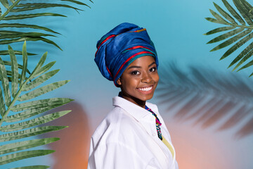 Photo of kongo lady under exotic summer forest look smile wear native ancient accessories isolated colored background